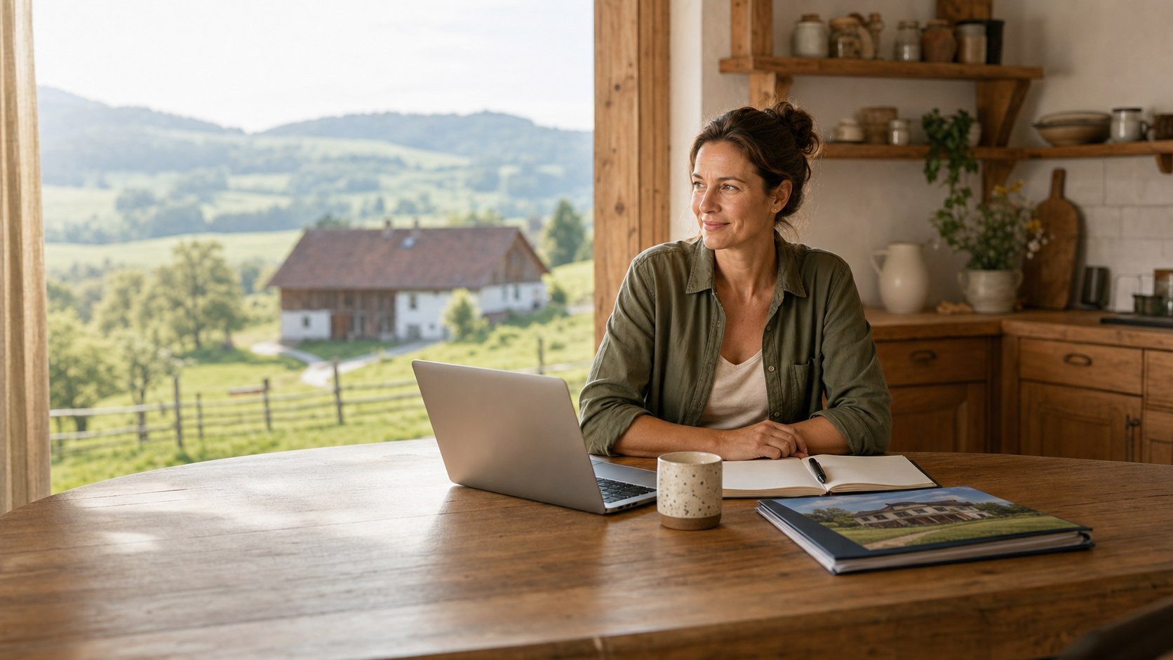 Interessentin für eine Hofnachfolge am Küchentisch mit Blick auf einen landwirtschaftlichen Hof